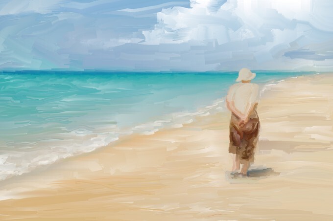 Painting of a woman wandering along a tropical beach